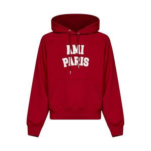 Ami Paris Men Red Loopback Cotton Hoodie With Ami Paris Embroidery